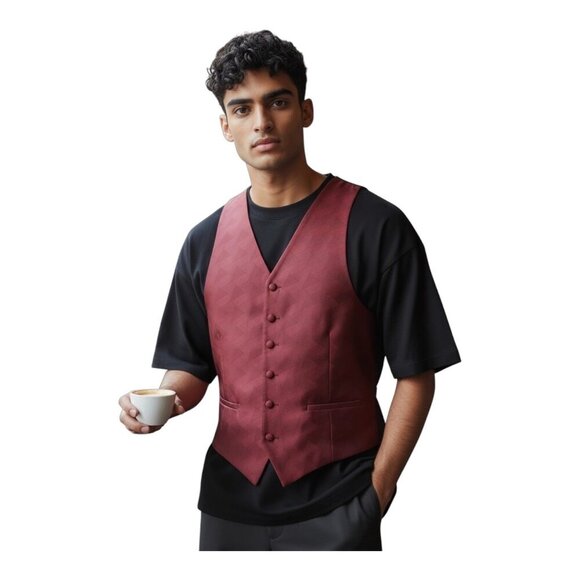 Perry Ellis Mens Formal Tuxedo Vest~Fit All 37-50~Maroon Black Geometric~L14 53 - Picture 1 of 8